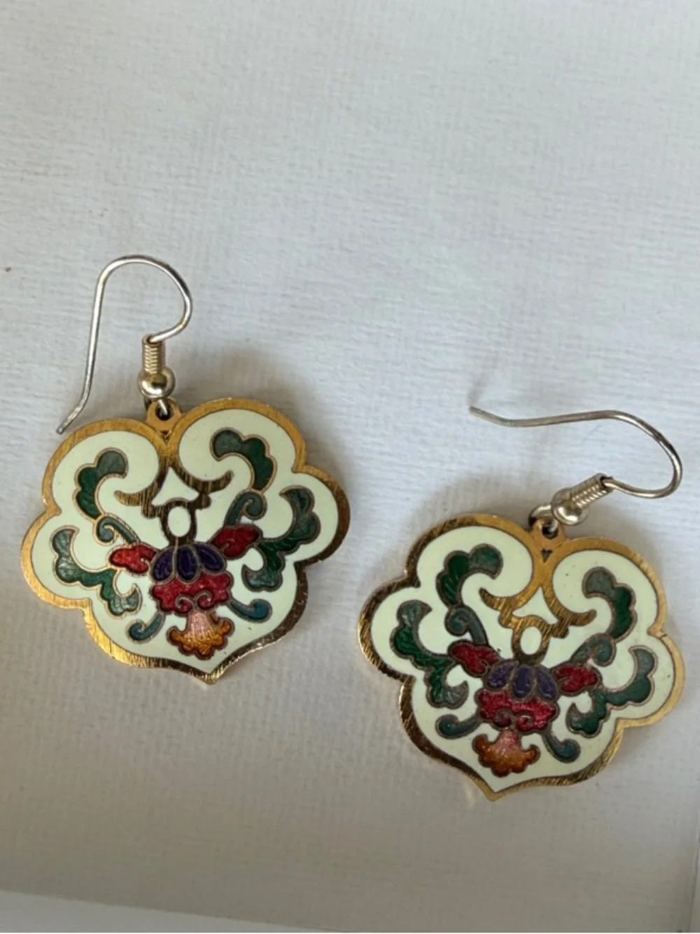 Gold-Tone Floral Cloisonné Drop Earrings in Green and Red